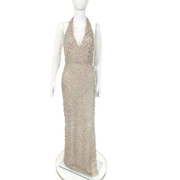 MAC DUGGAL SEQUIN CRYSTAL FRINGED HALTER STRAP GOWN NUDE SILVER SZ‎ 0 5678 RARE - Picture 4 of 10
